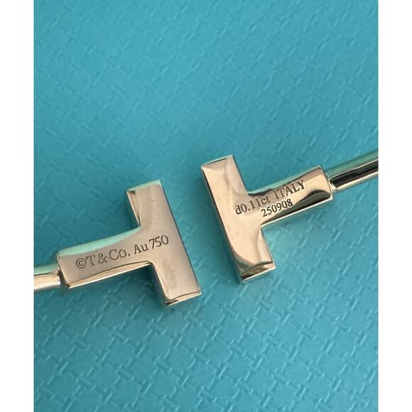 Auth Tiffany & Co. 18k Gold Diamond & Mother Pearl T Square Wire Cuff Bracelet - Picture 6 of 8